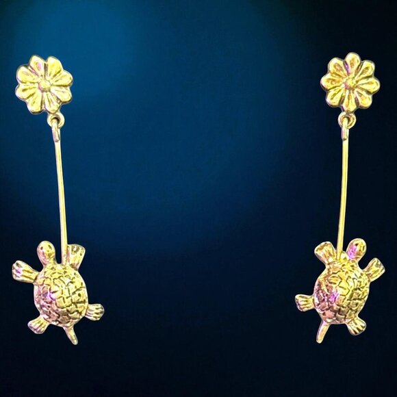 Vintage Gold Tone Turtle Dangle Earrings With Flower Stud Post Unmarked - Picture 1 of 5